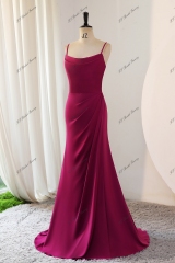 Spaghetti Straps Mermaid Pleat Satin Bridesmaids Dress With Slit