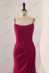 Spaghetti Straps Mermaid Pleat Satin Bridesmaids Dress With Slit
