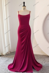Spaghetti Straps Mermaid Pleat Satin Bridesmaids Dress With Slit