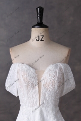 Detached Off Shoulder Sleeve Beading Lace A Line Chiffon Wedding Dress