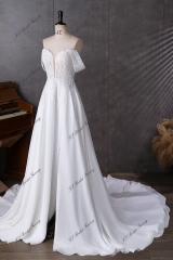Detached Off Shoulder Sleeve Beading Lace A Line Chiffon Wedding Dress