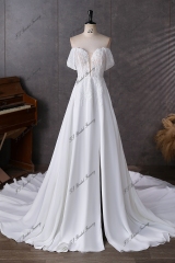 Detached Off Shoulder Sleeve Beading Lace A Line Chiffon Wedding Dress