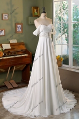 Detached Off Shoulder Sleeve Pleat A Line Chiffon Beading Wedding Dress