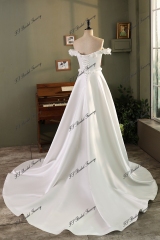 Off Shoulder Soft Satin A Line Wedding Gown With 3D Flowers