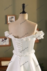 Off Shoulder Soft Satin A Line Wedding Gown With 3D Flowers