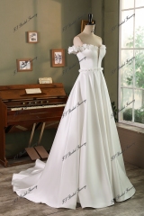 Off Shoulder Soft Satin A Line Wedding Gown With 3D Flowers