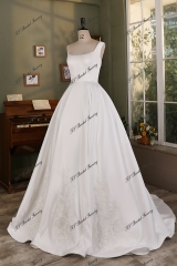 Soft Square Lace Applique Satin Wedding Ball Gown