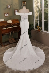 Ruffle Neckline Detached Off Shoulder Crepe Bridal Dress
