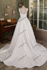 Soft Square Lace Applique Satin Wedding Ball Gown