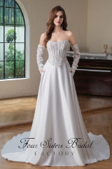 Exposed Boned Bodice Satin Skirt With Detached Lace Sleeve Wedding Gown