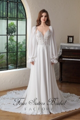 Chiffon A-Line Gown With Dramatic Lace Train And Detached Lace Sleeve
