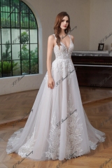 Big Lace Flowers Tulle Applique A Line Wedding Gown