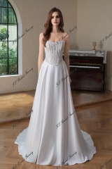 Exposed Boned Bodice Satin Skirt With Detached Lace Sleeve Wedding Gown