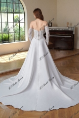 Exposed Boned Bodice Satin Skirt With Detached Lace Sleeve Wedding Gown