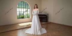 Exposed Boned Bodice Satin Skirt With Detached Lace Sleeve Wedding Gown