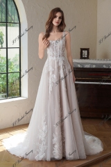 Beaded Square Neck Line Lace A Line Wedding Gown