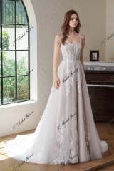 Beaded Square Neck Line Lace A Line Wedding Gown