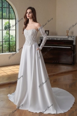 Exposed Boned Bodice Satin Skirt With Detached Lace Sleeve Wedding Gown