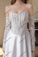 Exposed Boned Bodice Satin Skirt With Detached Lace Sleeve Wedding Gown