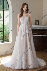 Beaded Square Neck Line Lace A Line Wedding Gown