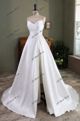 Simple A Line Mikado Wedding Gown With Slit Skirt