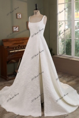 Ivory Jacquard Satin Square Wedding Gown With Pleat Slit Skirt