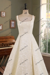 Champagne Jacquard Satin Square Wedding Gown With Pleat Slit Skirt