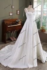 Jacquard Satin Simple Wedding Gown With Long Tie Straps