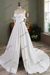 Jacquard Satin Simple Wedding Gown With Long Tie Straps