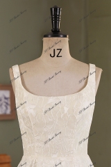 Champagne Jacquard Satin Square Wedding Gown With Pleat Slit Skirt
