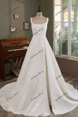 Ivory Jacquard Satin Square Wedding Gown With Pleat Slit Skirt