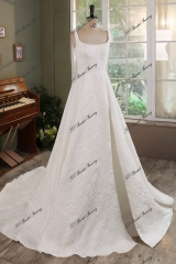 Ivory Jacquard Satin Square Wedding Gown With Pleat Slit Skirt