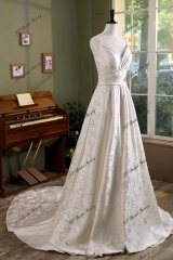 Pleat Jacquard Satin Simple Wedding Gown