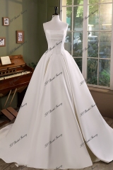 Simple V Waist Soft Satin Wedding Gown With Pleat Bodice