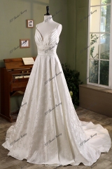 Pleat Jacquard Satin Simple Wedding Gown