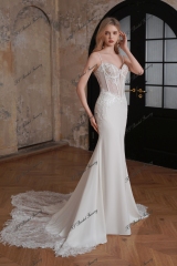 Dramatic Beaded Lace Train Mermaid Crepe Wedding Dress