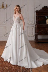 Long A Line Satin Wedding Dress With Detached Flowers
