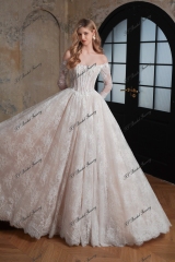 Flowing Off-the-Shoulder 3-D Flower Lace Ballgown Wedding Dress