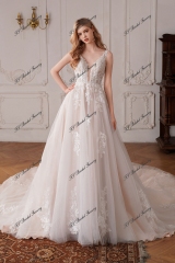 Beaded A-Line Gown with V-Neckline and Chapel Length Train