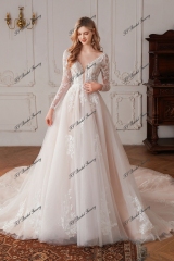 Beaded A-Line Gown with V-Neckline and Chapel Length Train