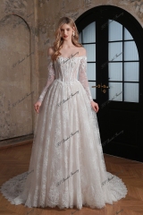 Flowing Off-the-Shoulder 3-D Flower Lace Ballgown Wedding Dress