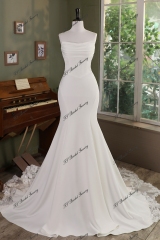 Ruffle Neckline Mermaid Crepe Lace Train Wedding Gown With Detached Off Shoulder