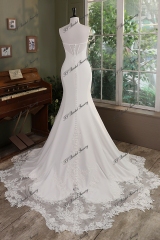 Ruffle Neckline Mermaid Crepe Lace Train Wedding Gown With Detached Off Shoulder