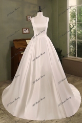 Simple Satin Ball Gown Pleat Skirt Wedding Dress