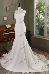 Ruffle Neckline Mermaid Crepe Lace Train Wedding Gown With Detached Off Shoulder