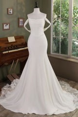 Ruffle Neckline Mermaid Crepe Lace Train Wedding Gown With Detached Off Shoulder