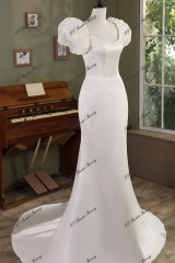 Ruffle Sleeve Mermaid Satin Wedding Gown