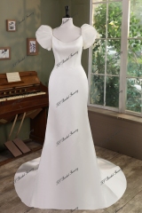 Ruffle Sleeve Mermaid Satin Wedding Gown