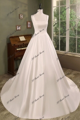 Simple Satin Ball Gown Pleat Skirt Wedding Dress