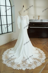 Mermaid Crepe Skirt Lace Wedding Gown With Tulle Sleeves